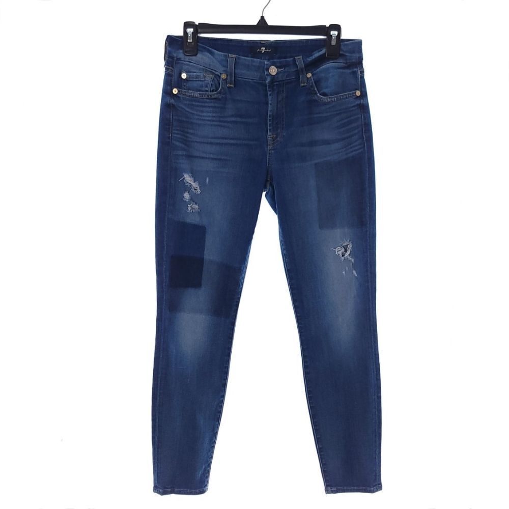 7 For All Mankind Solid Blue Distressed Jeans Womens Size 29